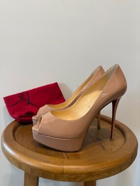 Christian Louboutin Lady Peep 150 Nude Patent Heels Size 38 Platform Pumps
